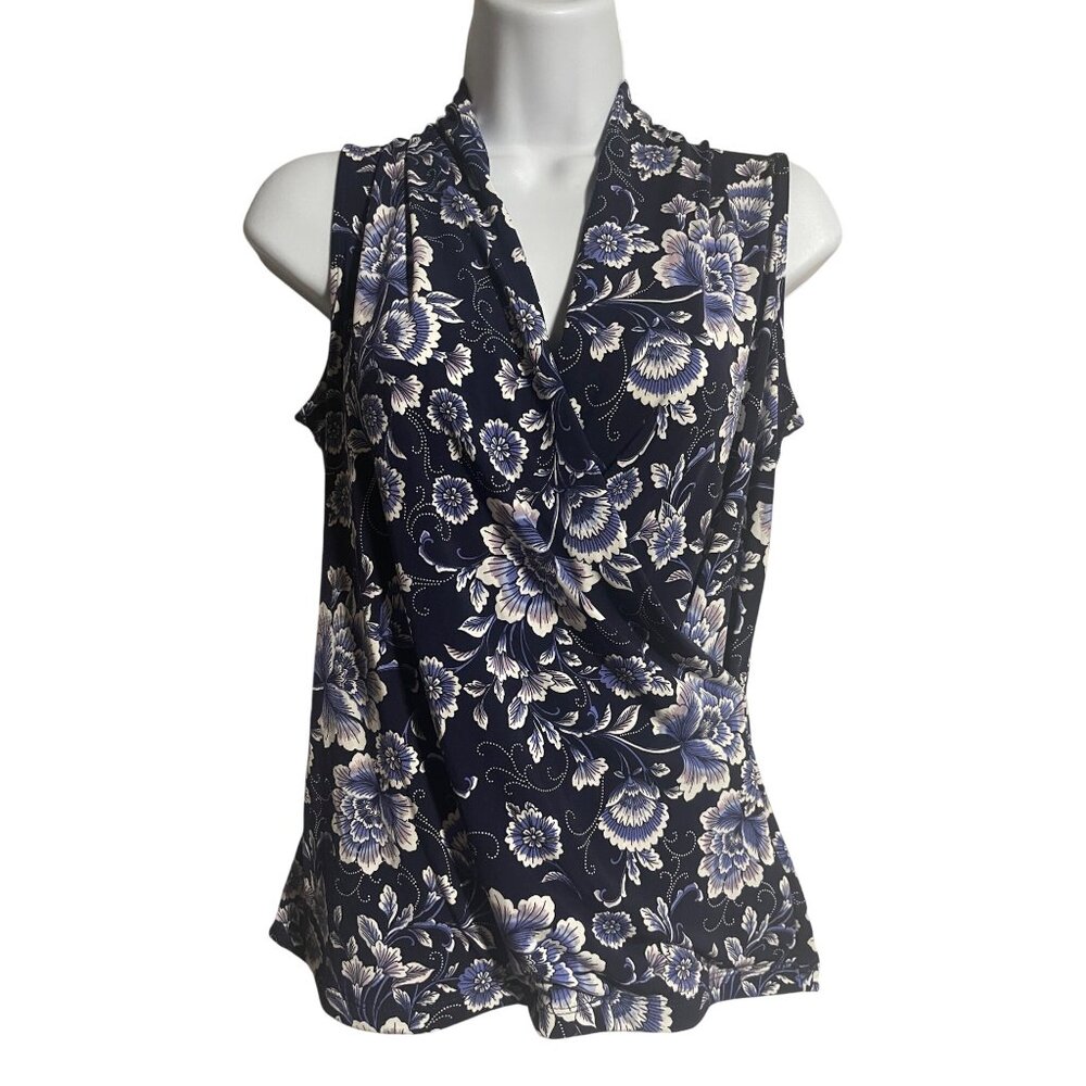 Tahari Womens Sleeveless Faux Wrap V Neck Top Size Small Blue Floral
